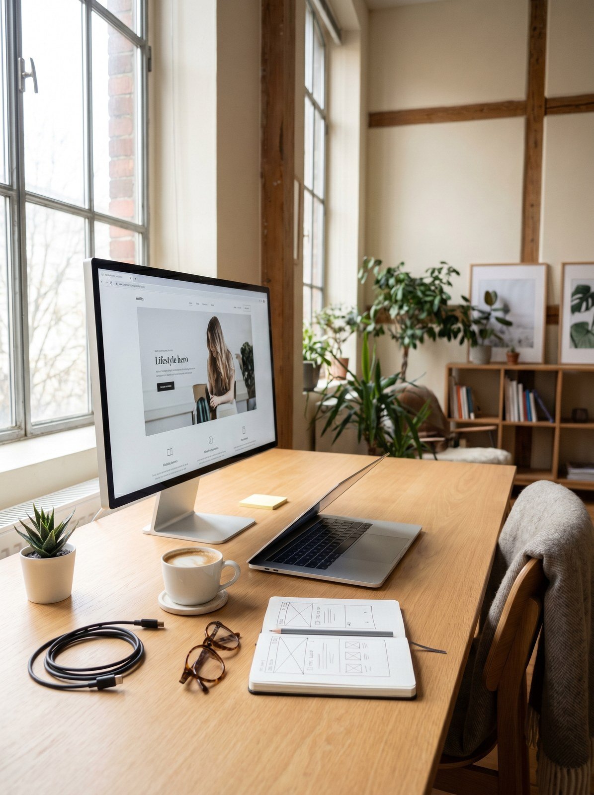 Modernes Webdesign-Studio mit einer Webseite auf dem Bildschirm