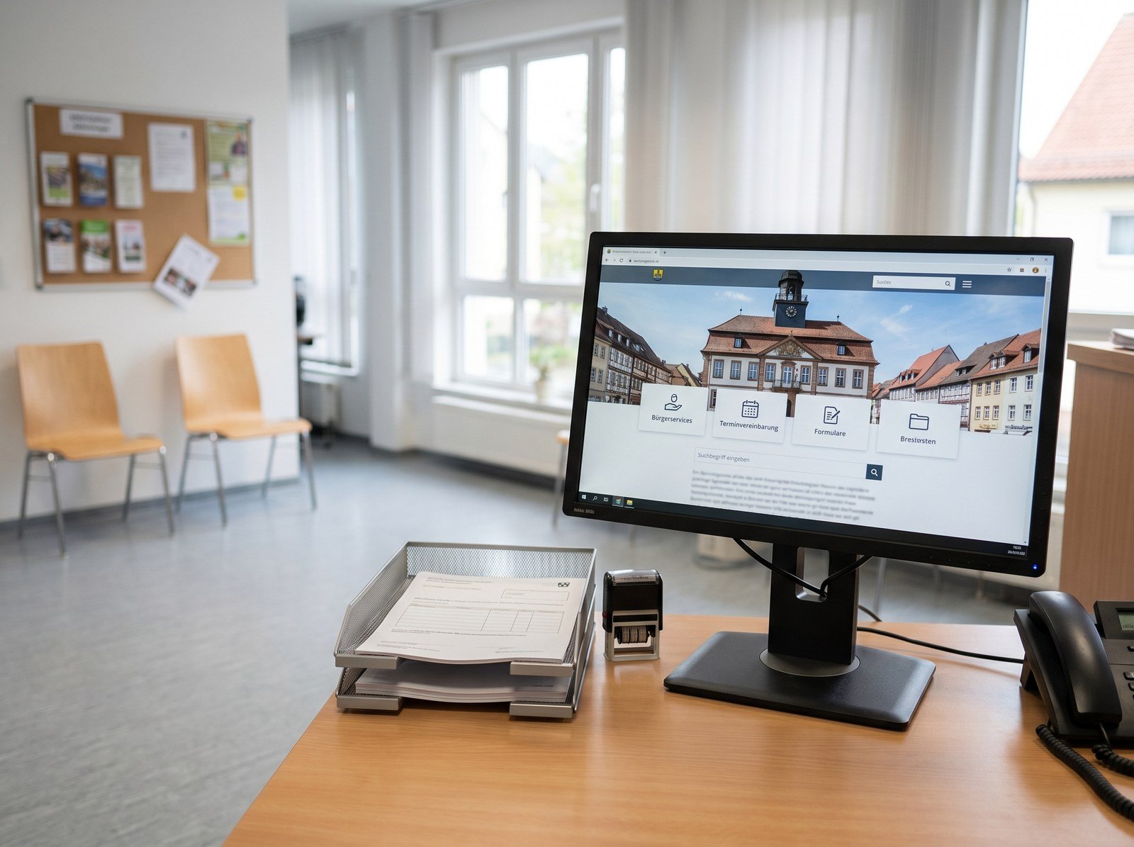Kommunale Website auf einem Monitor im Bürgerbüro