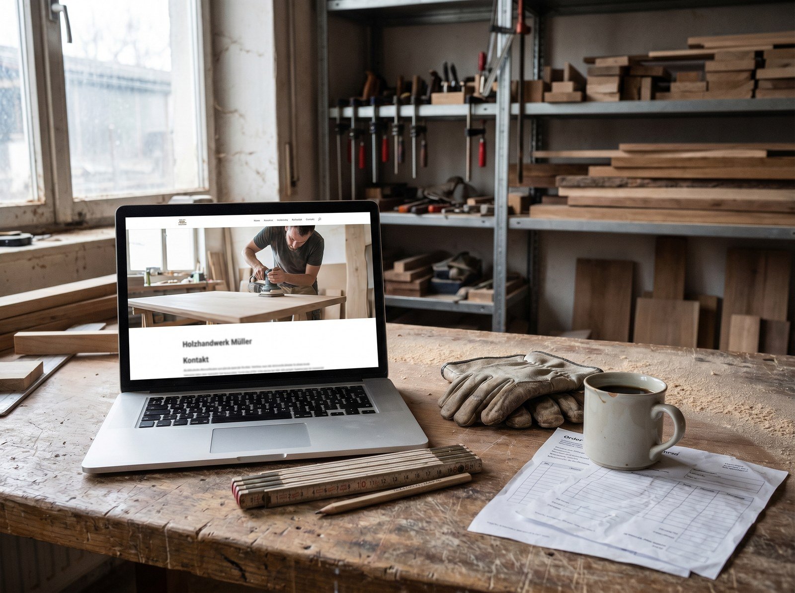 Handwerkswebsite auf einem Laptop in einer Werkstatt