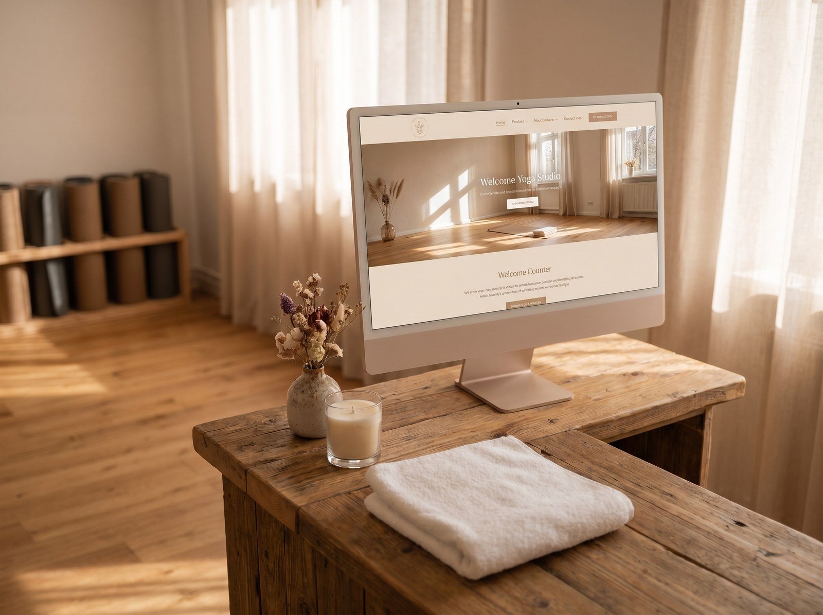 Studio-Website auf einem Monitor am Empfangstresen eines Yogastudios