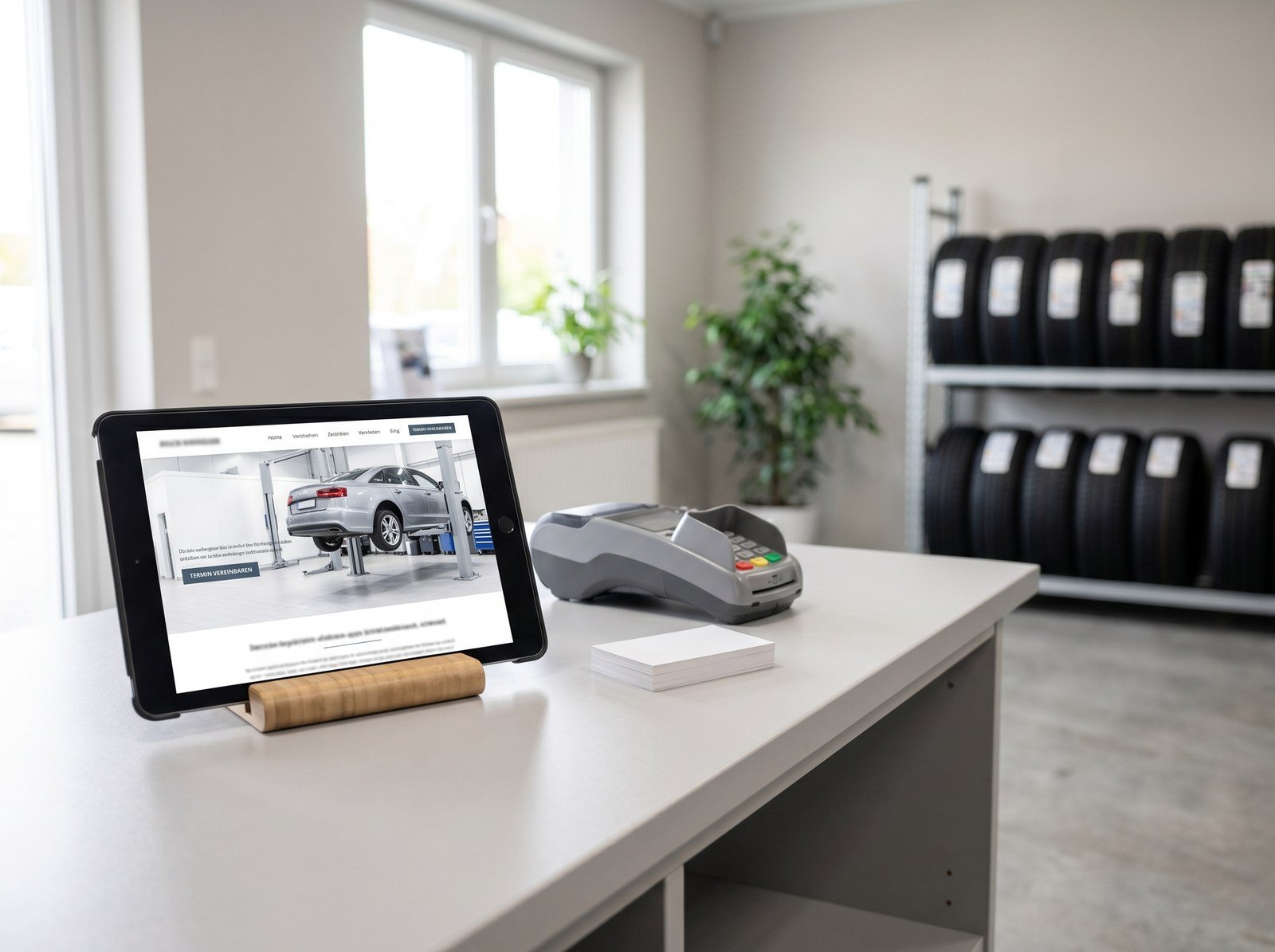 Werkstatt-Website auf einem Tablet an der Kundenannahme